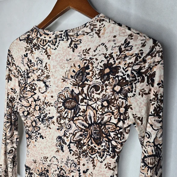 Garnet Hill Faux Wrap Dress Neutral Ivory Brown Floral Knee Length 3/4 Sleeve XS - Picture 5 of 12